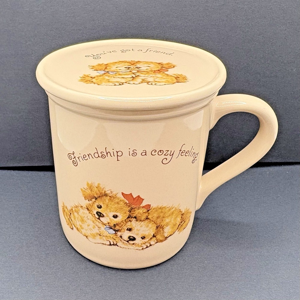 Hallmark Friendship Mug Mates Vintage Coffee Cup With Lid Coaster Japan Puppies
